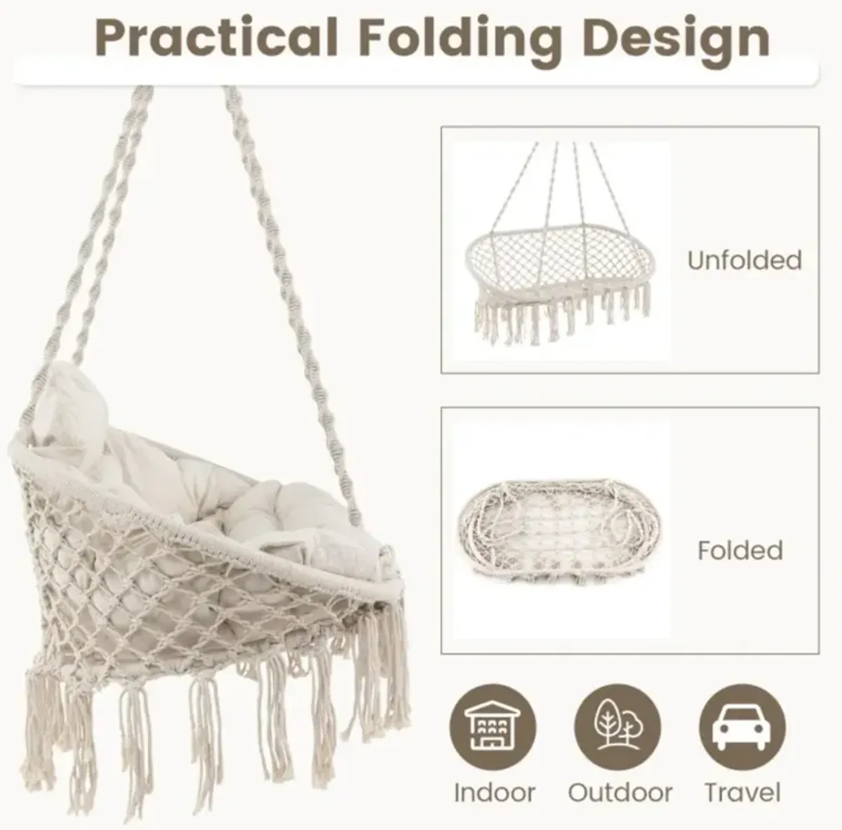 Hivvago Hand-Woven Rope Hanging Chair with Thick Cushion and Folding Metal Frame-Beige