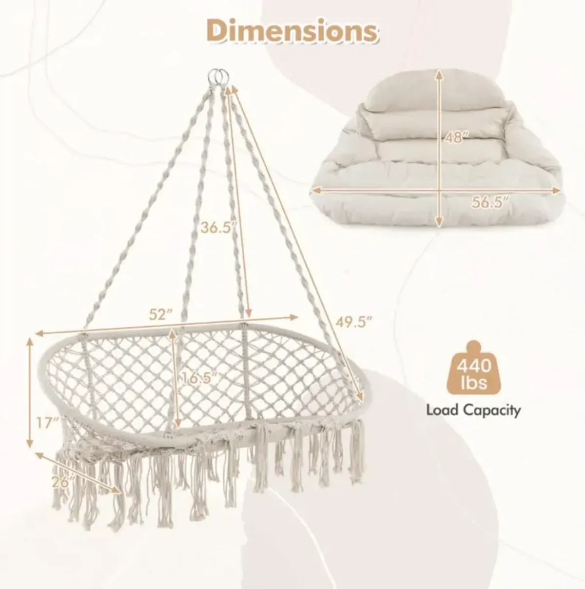 Hivvago Hand-Woven Rope Hanging Chair with Thick Cushion and Folding Metal Frame-Beige