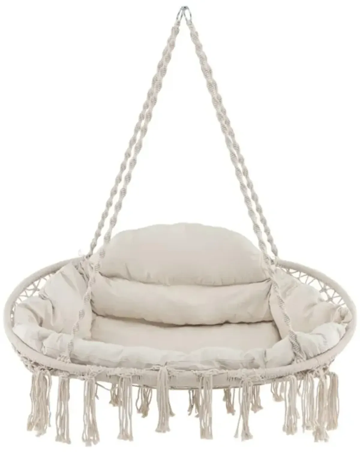 Hivvago Hand-Woven Rope Hanging Chair with Thick Cushion and Folding Metal Frame-Beige