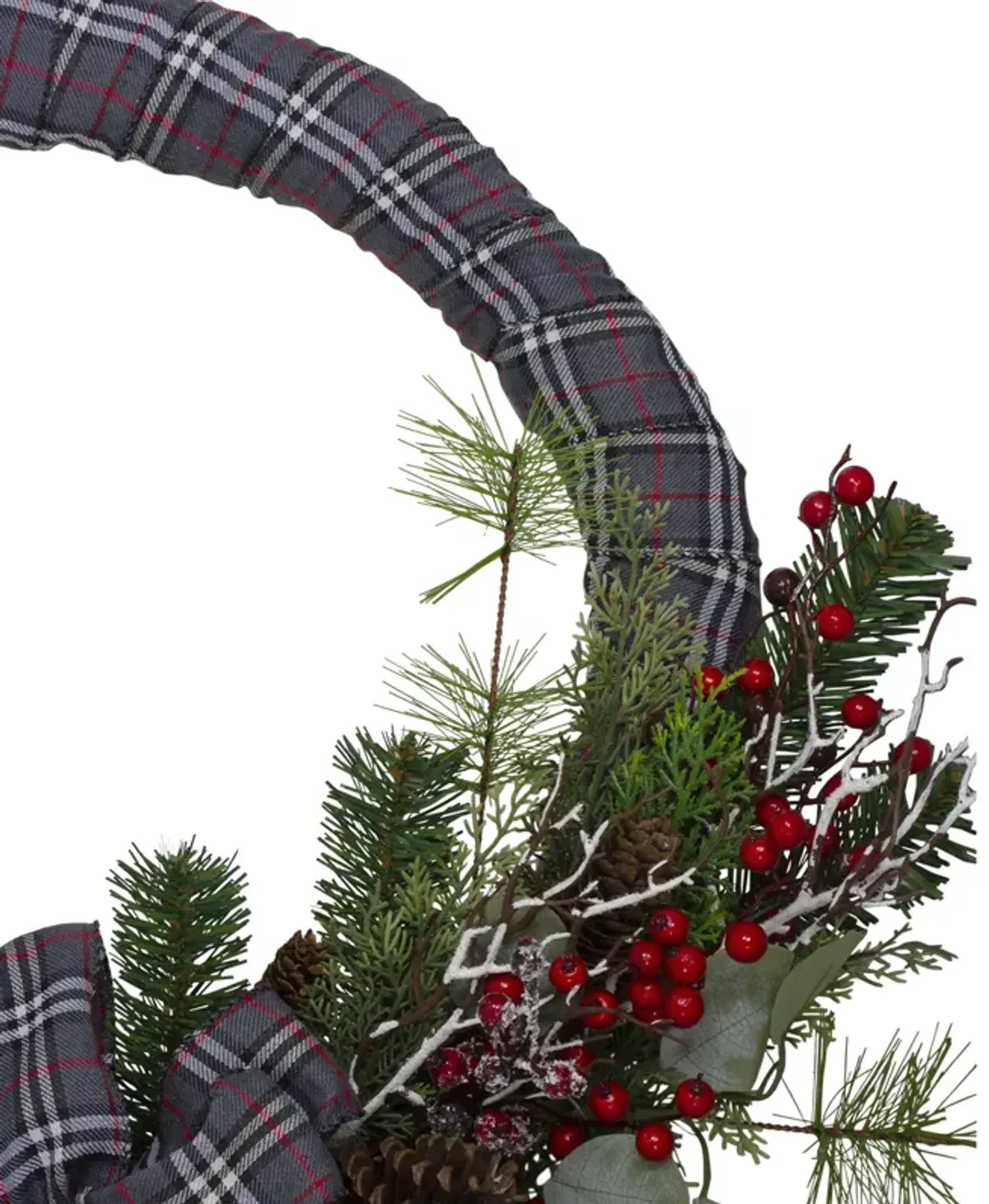 Gray and Red Plaid Artificial Christmas Wreath with Red Berries - 24-Inch  Unlit