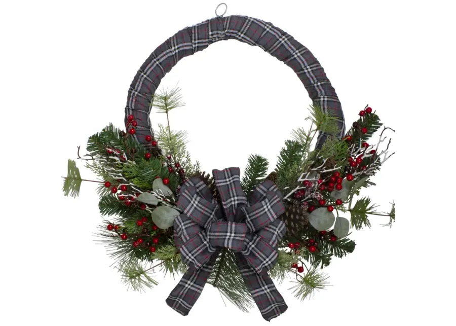 Gray and Red Plaid Artificial Christmas Wreath with Red Berries - 24-Inch  Unlit