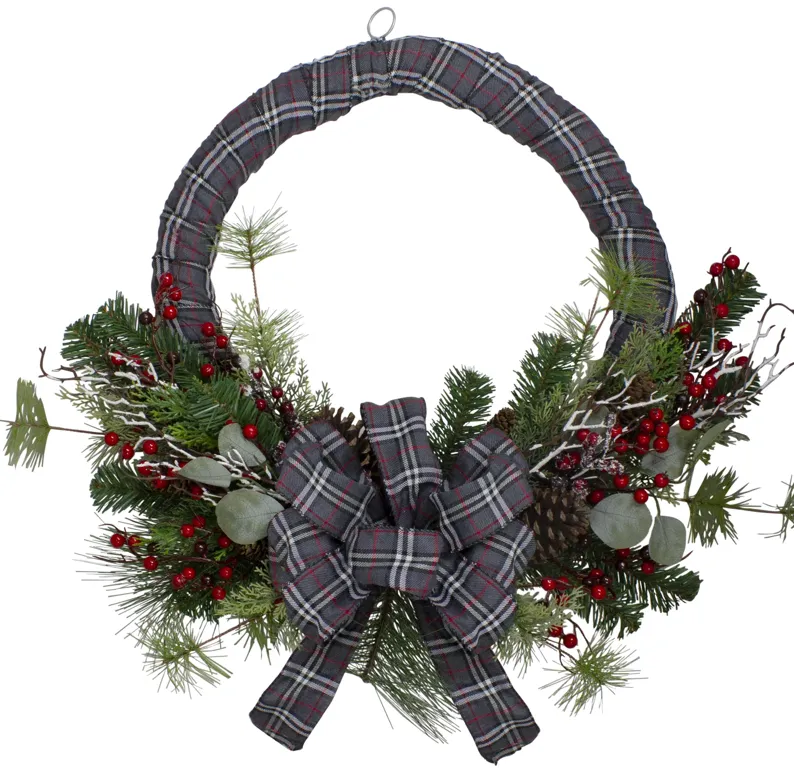 Gray and Red Plaid Artificial Christmas Wreath with Red Berries - 24-Inch  Unlit