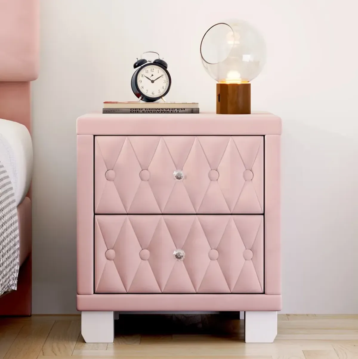 Elegant Velvet Nightstand with 2 Drawers and Crystal Handle, Storage Bedside Table with Button-Tufted