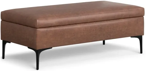 Rebecca 48 inch Wide Mid Century Modern Rectangle Large Coffee Table Storage Ottoman with Lift up Lid in Distressed Saddle Brown Faux Leather, Assembled