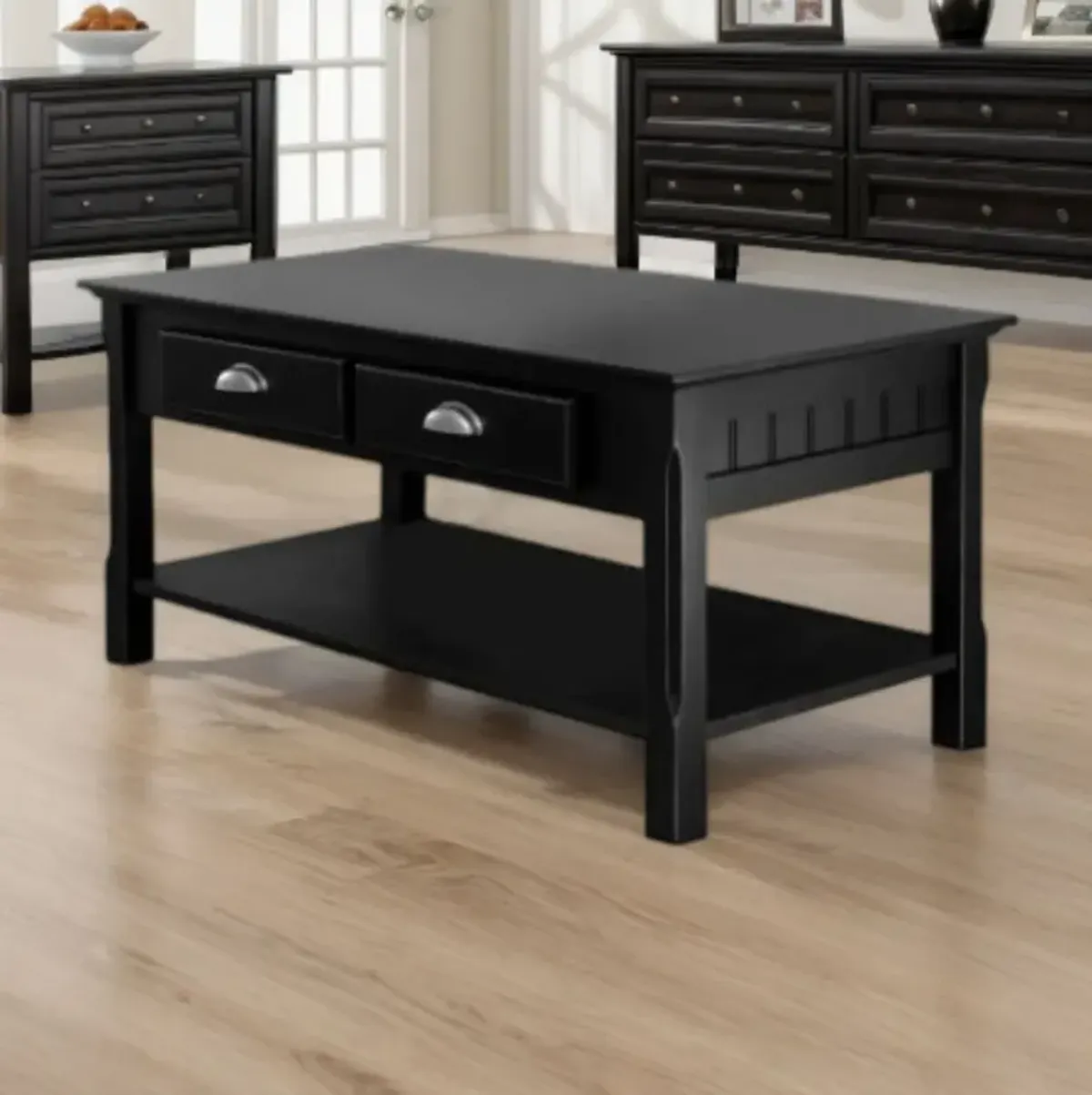 Hivvago Country Style Black Wood Coffee Table with 2 Storage Drawers
