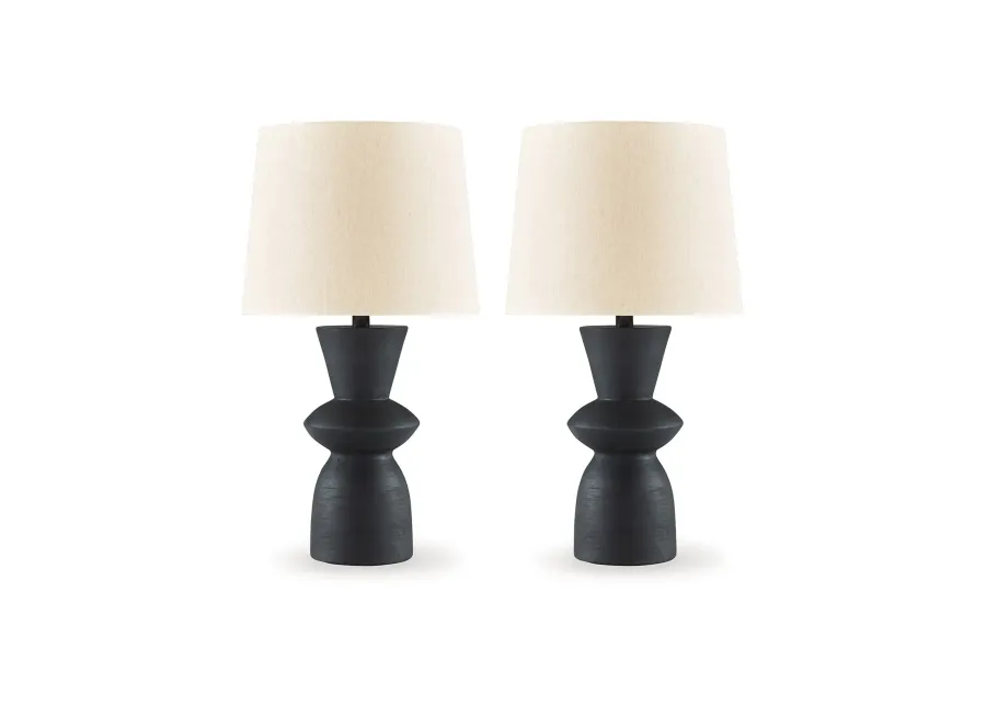 25 Inch Table Lamp Set of 2, Black Sculptural Solid Base, Drum Hardback - Benzara