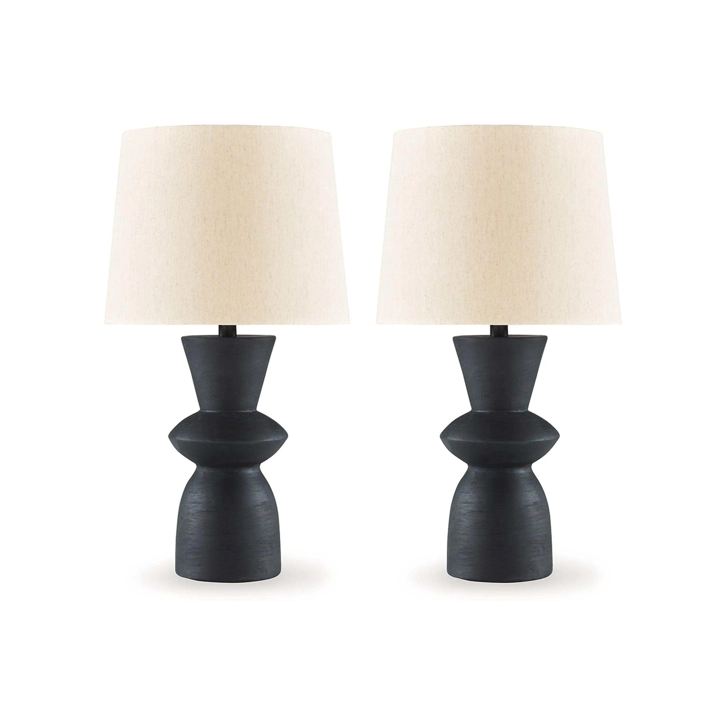 25 Inch Table Lamp Set of 2, Black Sculptural Solid Base, Drum Hardback - Benzara