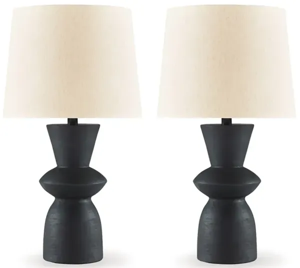 25 Inch Table Lamp Set of 2, Black Sculptural Solid Base, Drum Hardback - Benzara