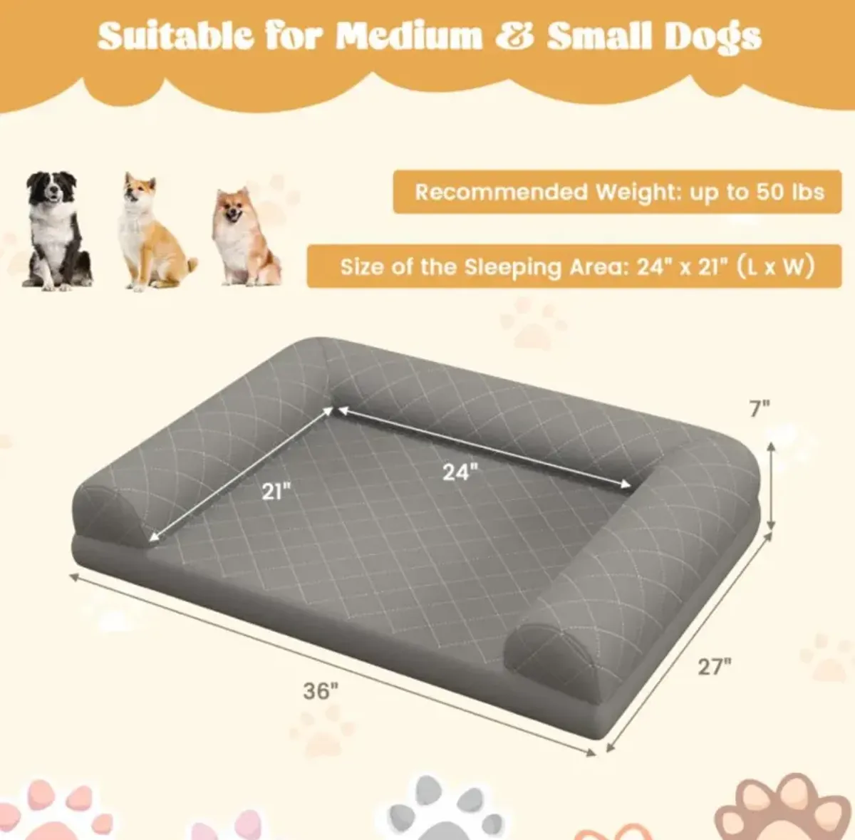 Hivvago Egg-Foam Dog Crate Bed with 3-Side Bolster and Removable Washable Bed Cover