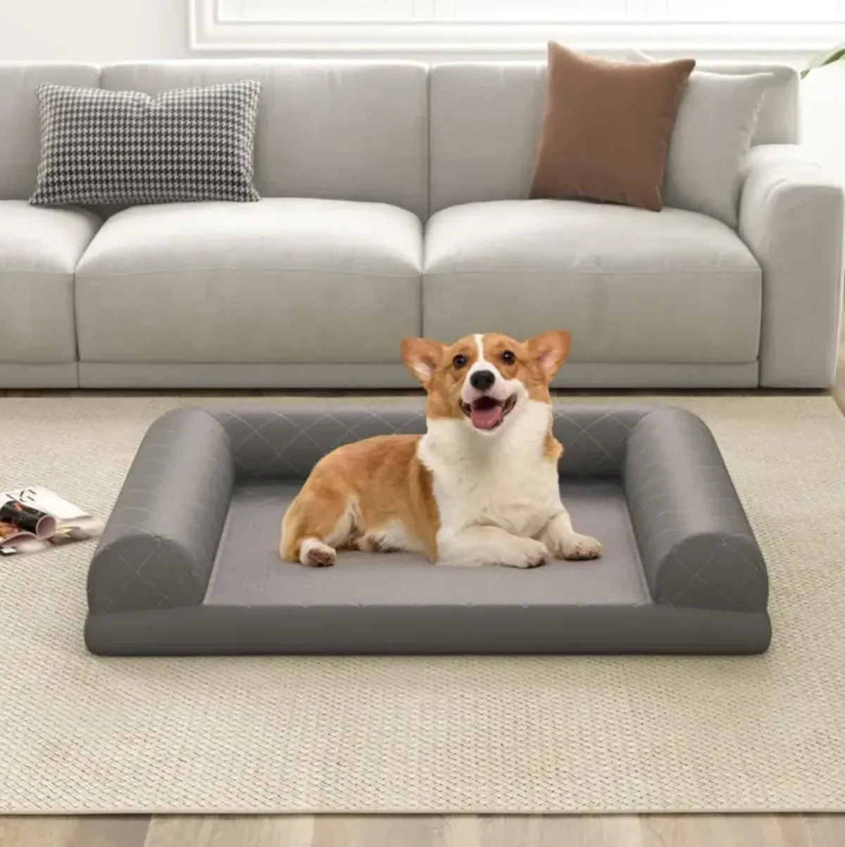 Hivvago Egg-Foam Dog Crate Bed with 3-Side Bolster and Removable Washable Bed Cover