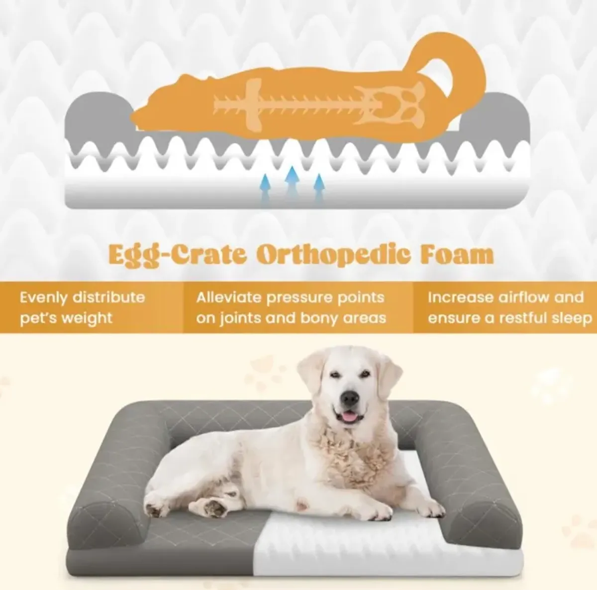 Hivvago Egg-Foam Dog Crate Bed with 3-Side Bolster and Removable Washable Bed Cover