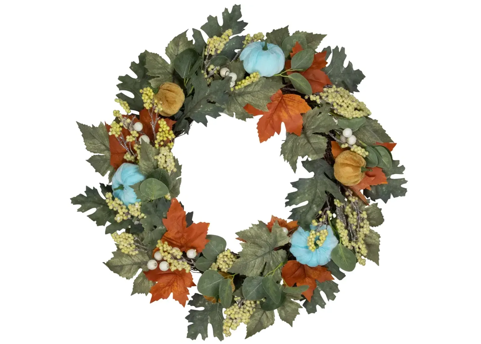 Green and Orange Foliage and Gourds Thanksgiving Artificial Wreath  22-Inch