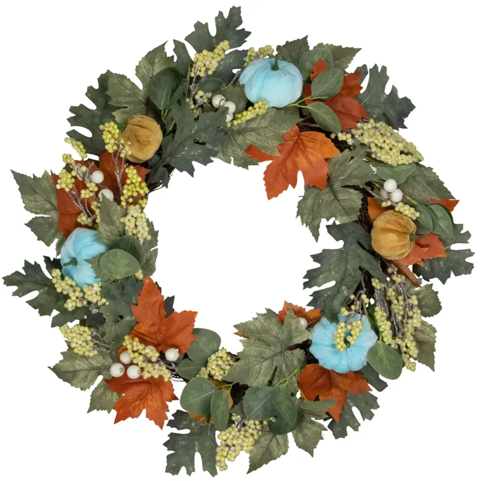 Green and Orange Foliage and Gourds Thanksgiving Artificial Wreath  22-Inch