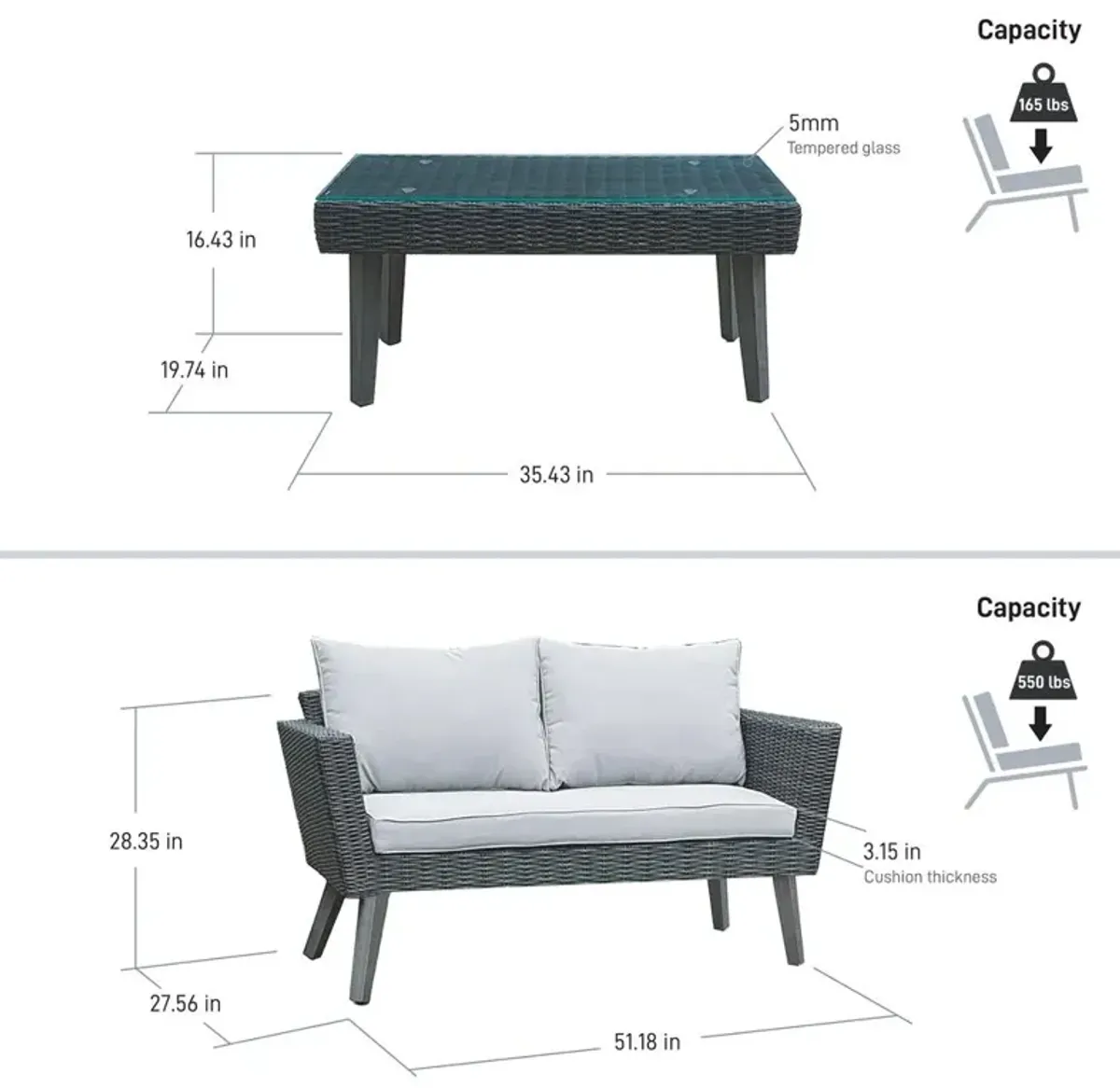 DUKAP Kotka 2 Piece Wicker Outdoor Patio Sofa and Table Seating Set With Cushions