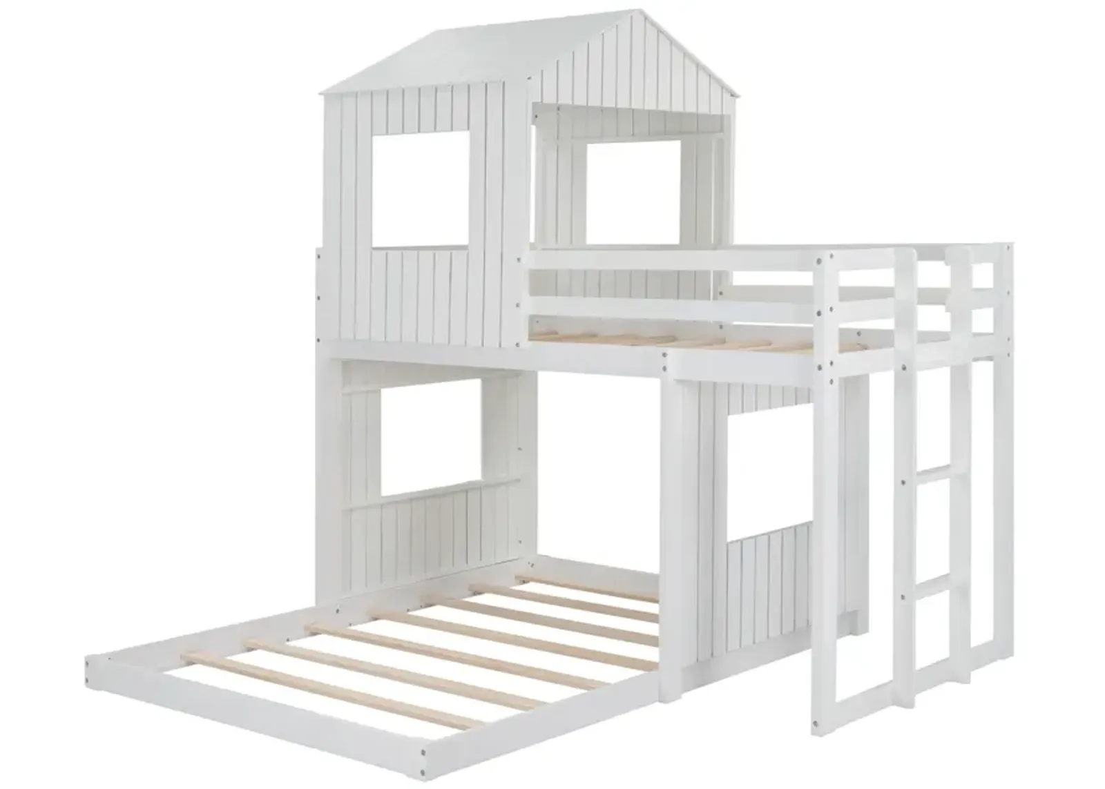 Wooden Twin Over Full Bunk Bed, Loft Bed With Playhouse, Farmhouse, Ladder And Guardrails, White