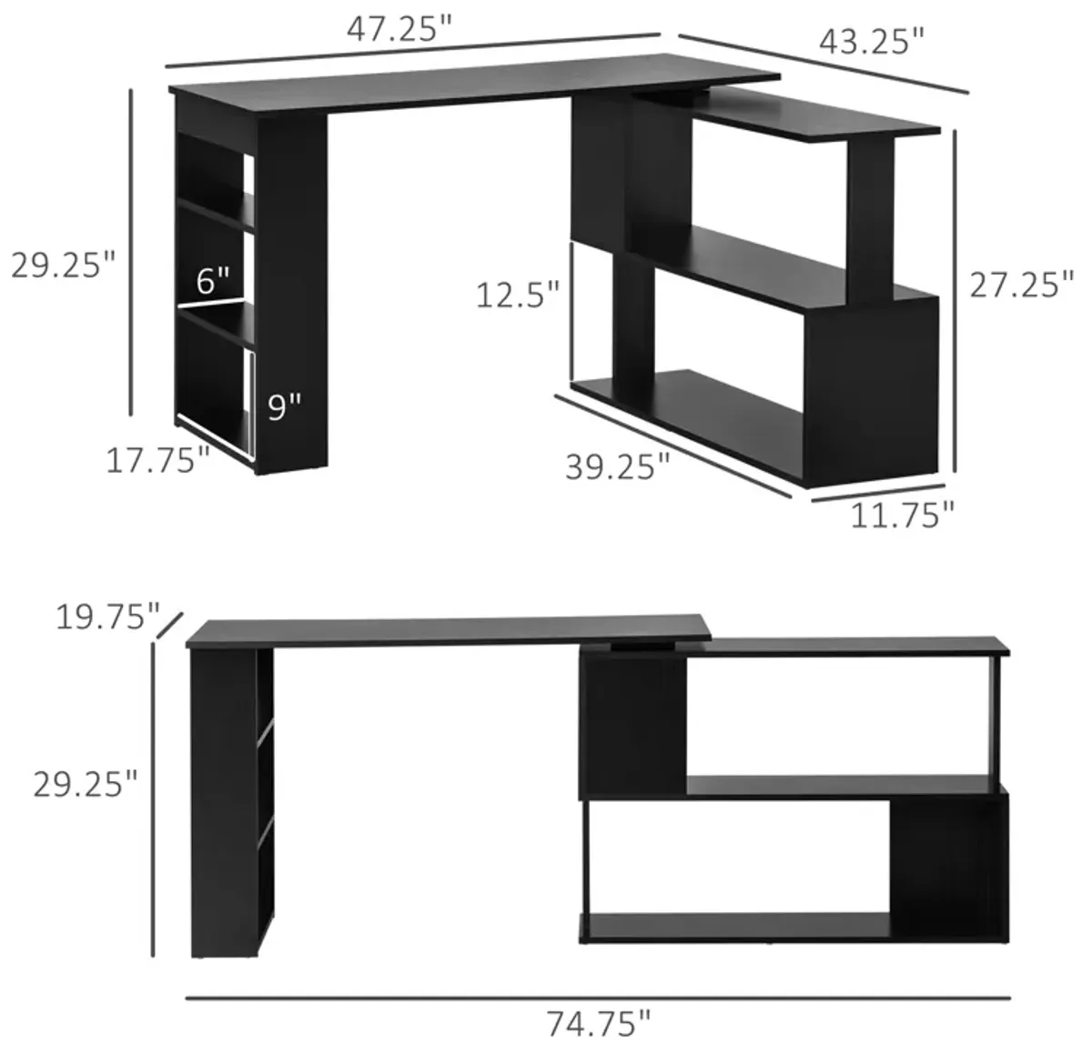 HOMCOM L Shaped Corner Desk, 360 Degree Rotating Home Office Desk with Storage Shelves, Writing Table Workstation, Black