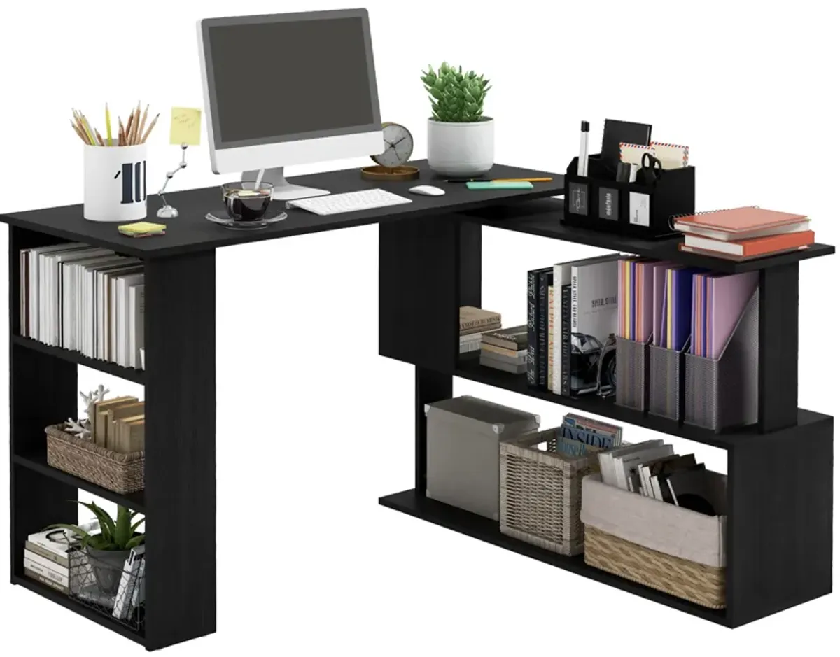 HOMCOM L Shaped Corner Desk, 360 Degree Rotating Home Office Desk with Storage Shelves, Writing Table Workstation, Black