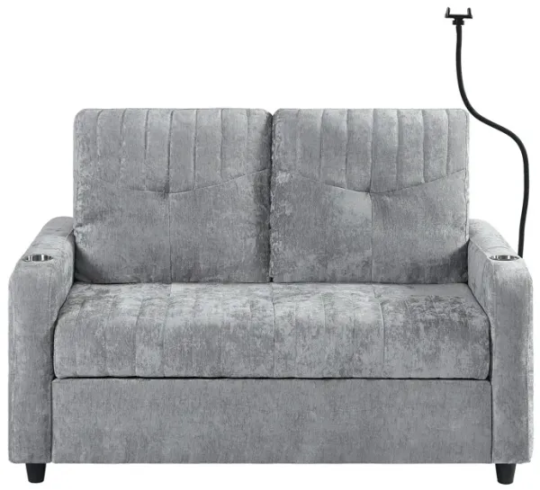 53.9" Modern Loveseat Pull-out Sofa Bed with Adjustable Backrest, Two Cup Holders , a Phone Holder, Three Charging Ports and Side Storage Pockets for Living Room, Grey