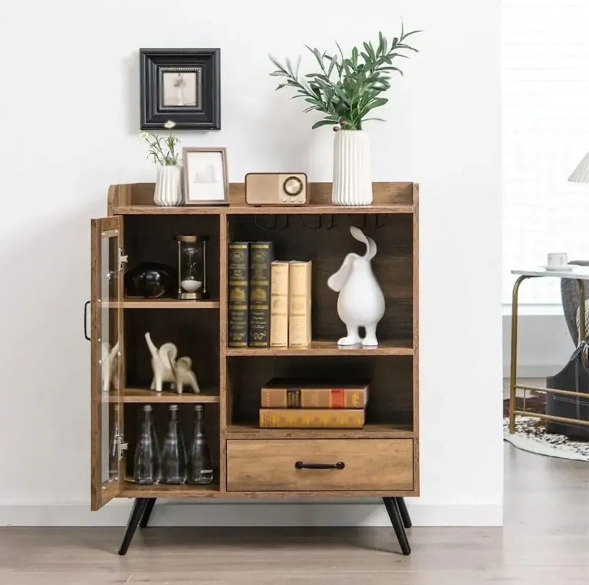 Wooden Mid-Century Buffet Cabinet – Wine Rack & Glassware Storage Included