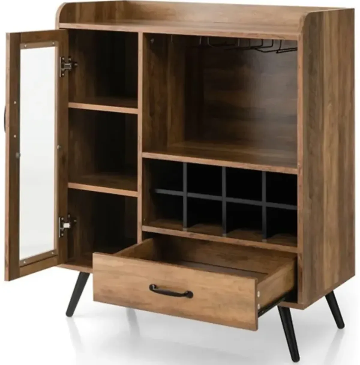 Wooden Mid-Century Buffet Cabinet – Wine Rack & Glassware Storage Included