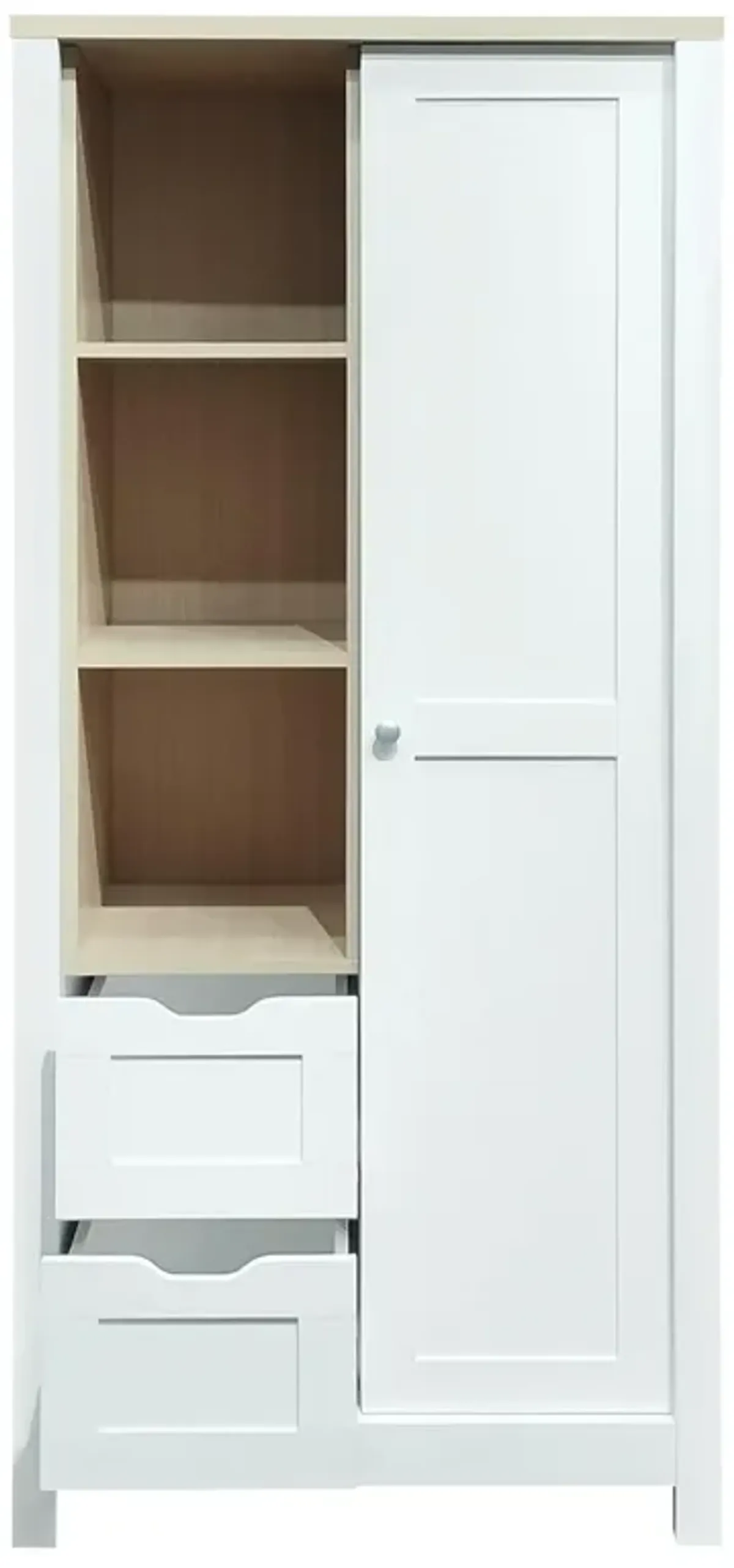 Modern Farmhouse Wardrobe with Sliding Door, Drawers, and Shelves