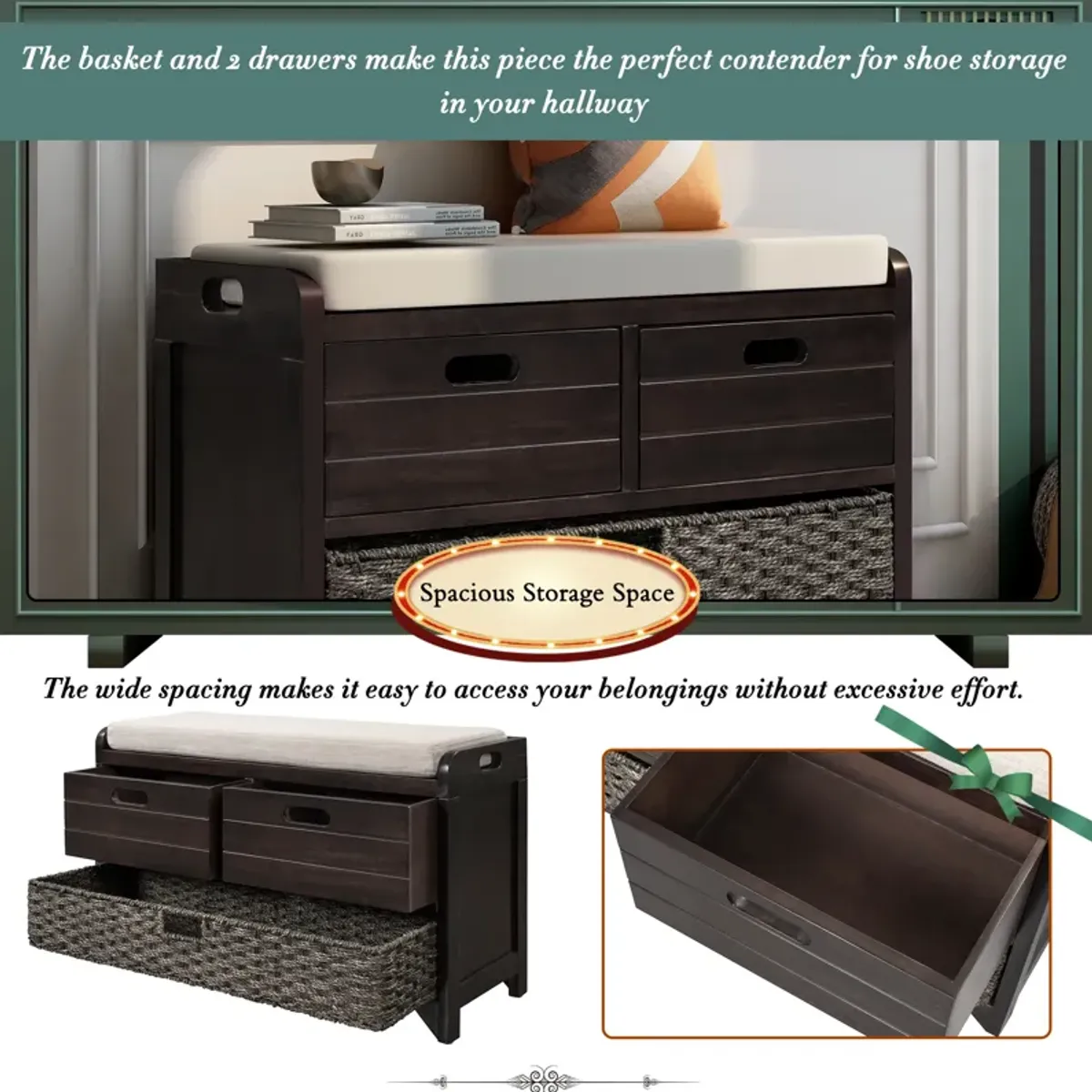 Merax Storage Bench with Removable Basket and 2 Drawers