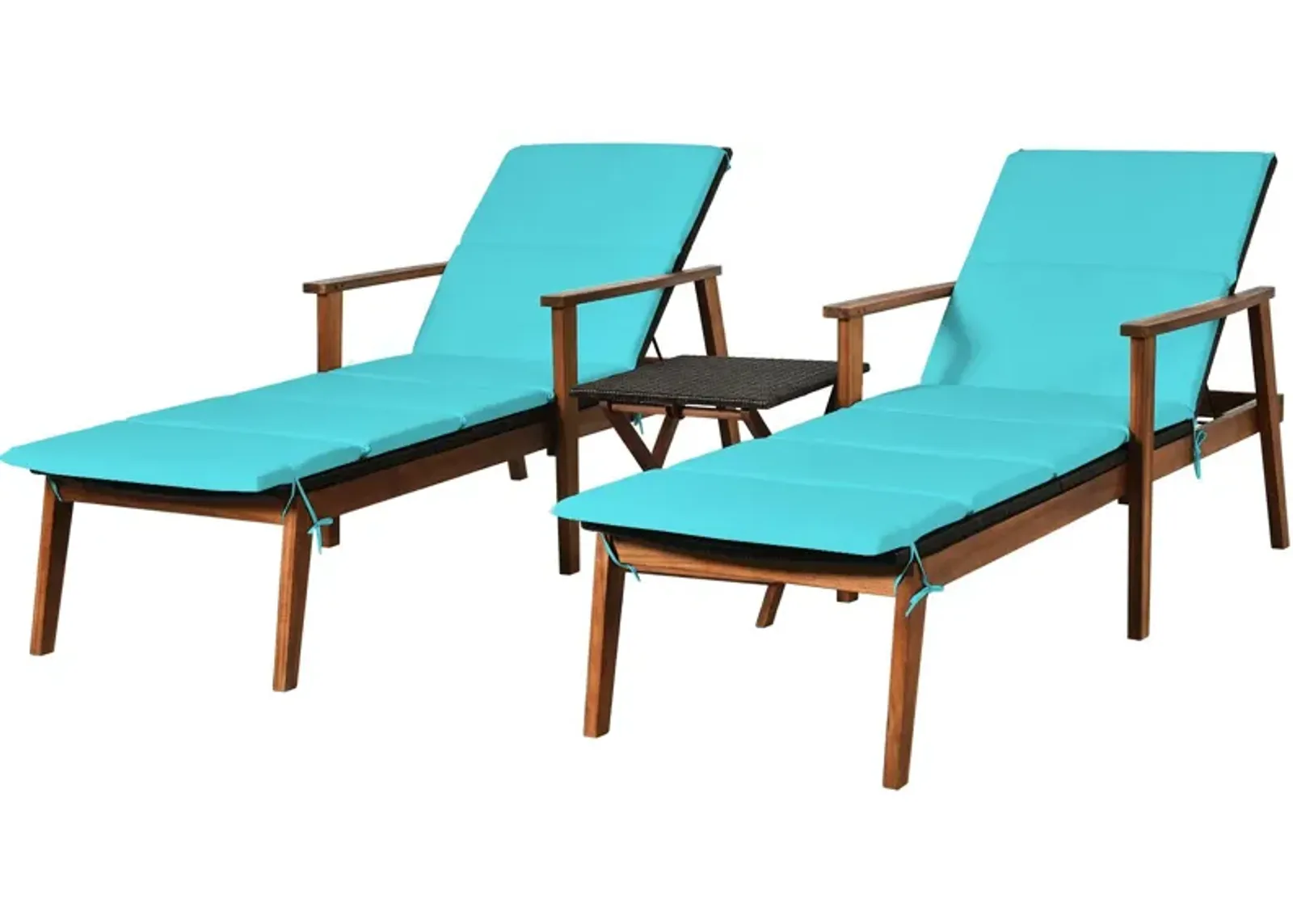 3 Pieces Portable Patio Cushioned Rattan Lounge Chair Set with Folding Table-Turquoise