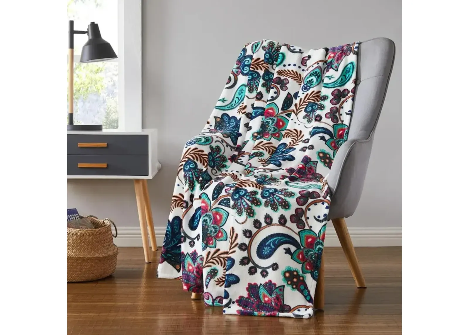 Oliva Gray Jacobean Printed Flannel Throw - 50x60" Multi