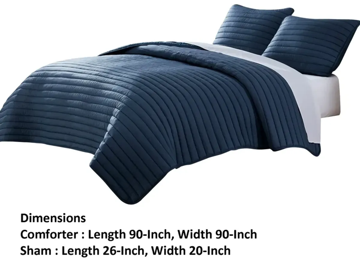 Cabe 3 Piece Queen Comforter Set, Polyester Puffer Channel Quilt, Navy Blue - Benzara