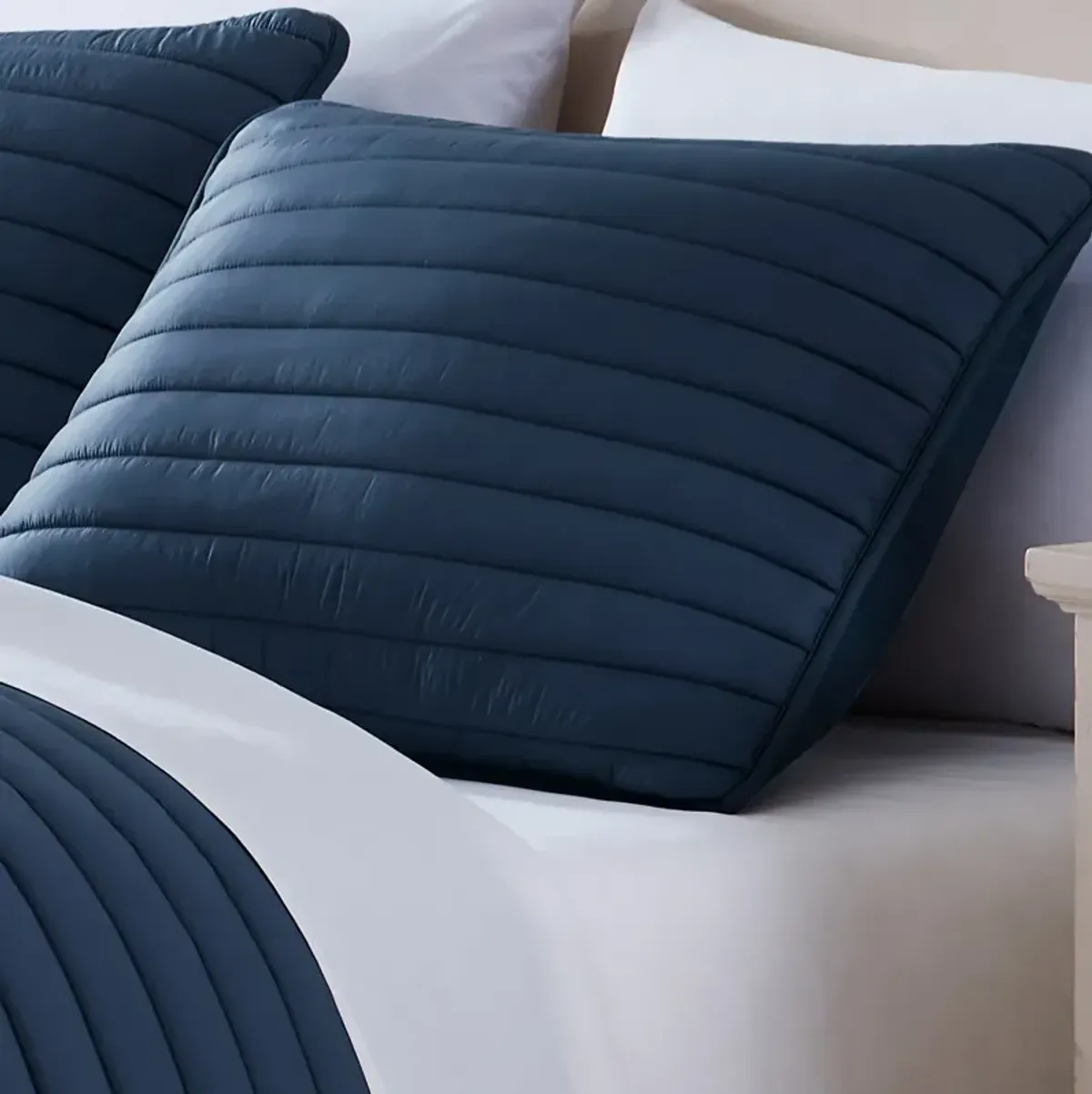 Cabe 3 Piece Queen Comforter Set, Polyester Puffer Channel Quilt, Navy Blue - Benzara