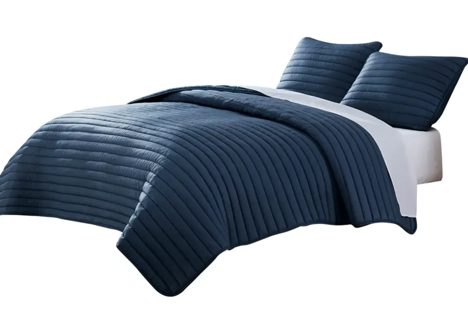 Cabe 3 Piece Queen Comforter Set, Polyester Puffer Channel Quilt, Navy Blue - Benzara