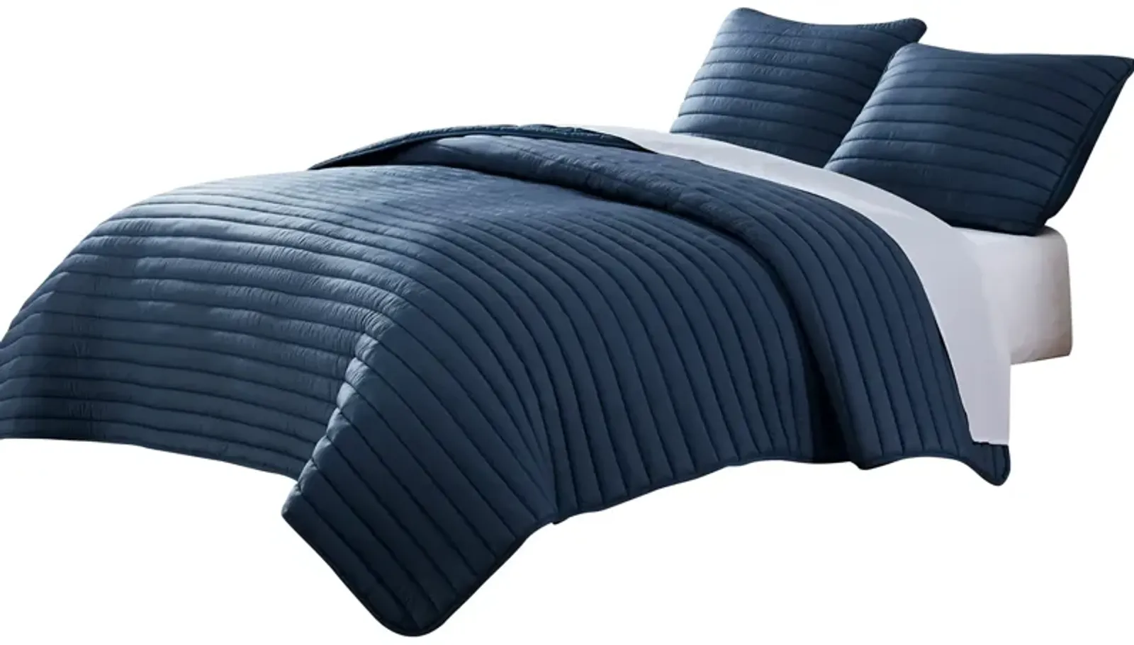 Cabe 3 Piece Queen Comforter Set, Polyester Puffer Channel Quilt, Navy Blue - Benzara