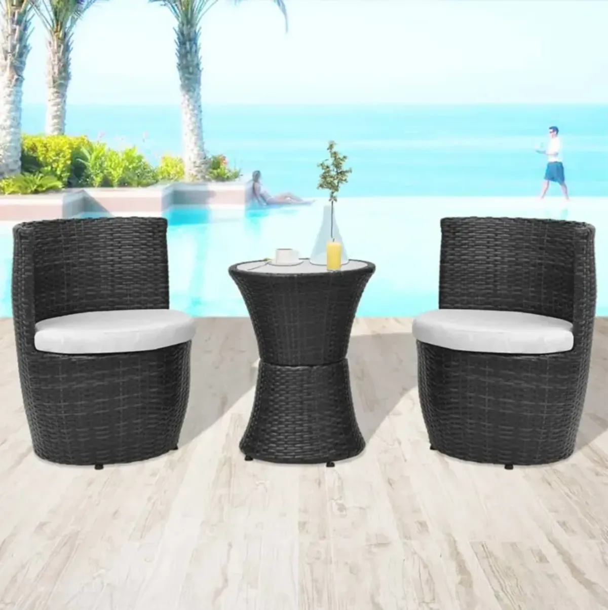 vidaXL 3 Piece Bistro Set with Cushions Poly Rattan Black