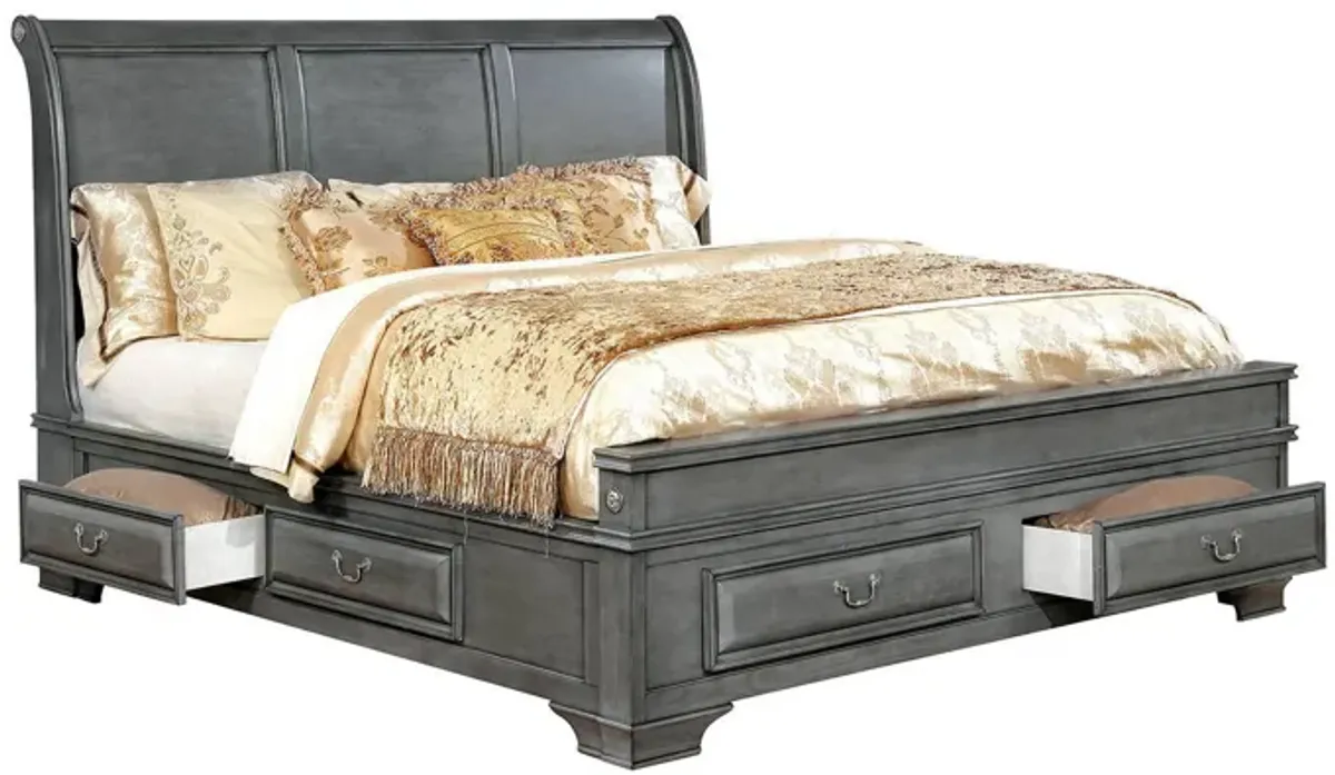 Transitional California King Wooden Bed with Multiple Bottom Drawers, Gray-Benzara