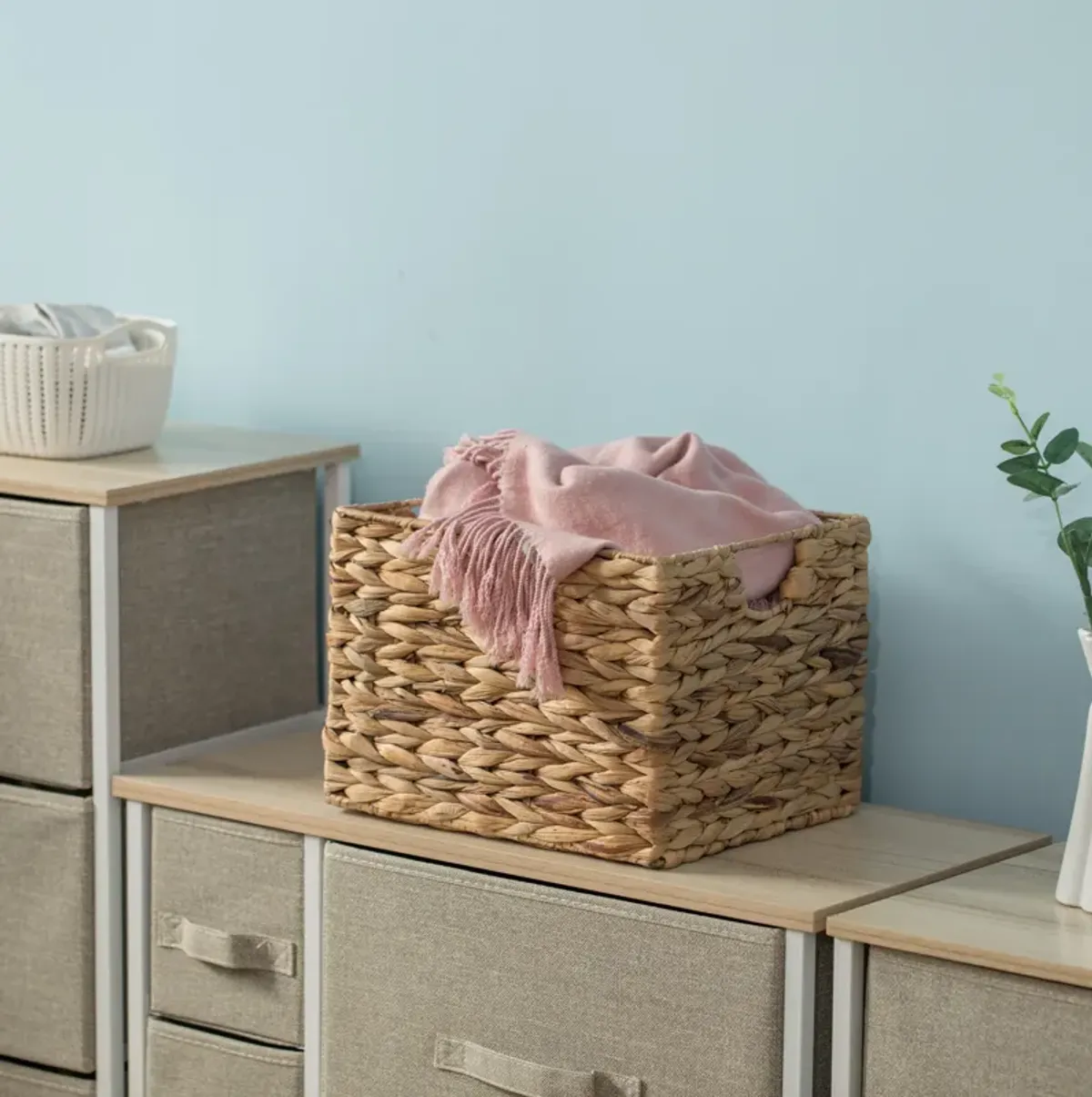 Natural Decorative Woven Water Hyacinth Storage Basket for The Playroom, Bedroom, and Living Room