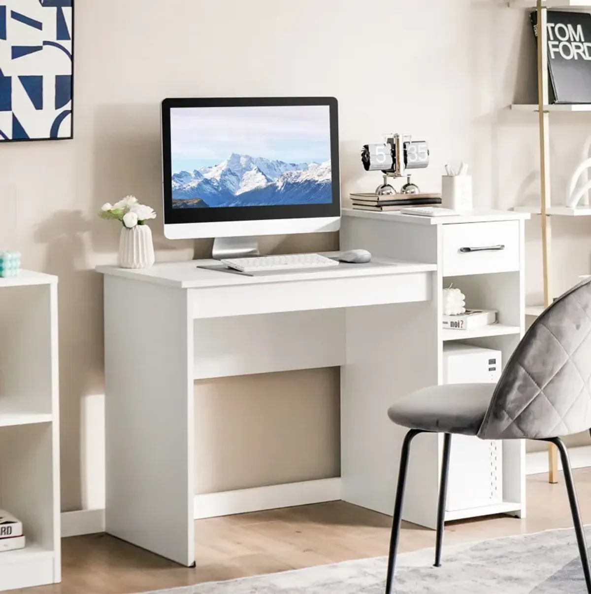 Computer Desk PC Laptop Table with Drawer and Shelf-White