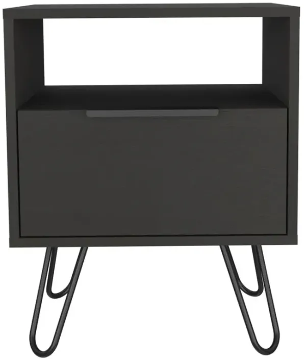 DEPOT E-SHOP Begonia Night Stand-Two Shelves, One-Door Drawer, Four Steel Legs-Black, For Bedroom