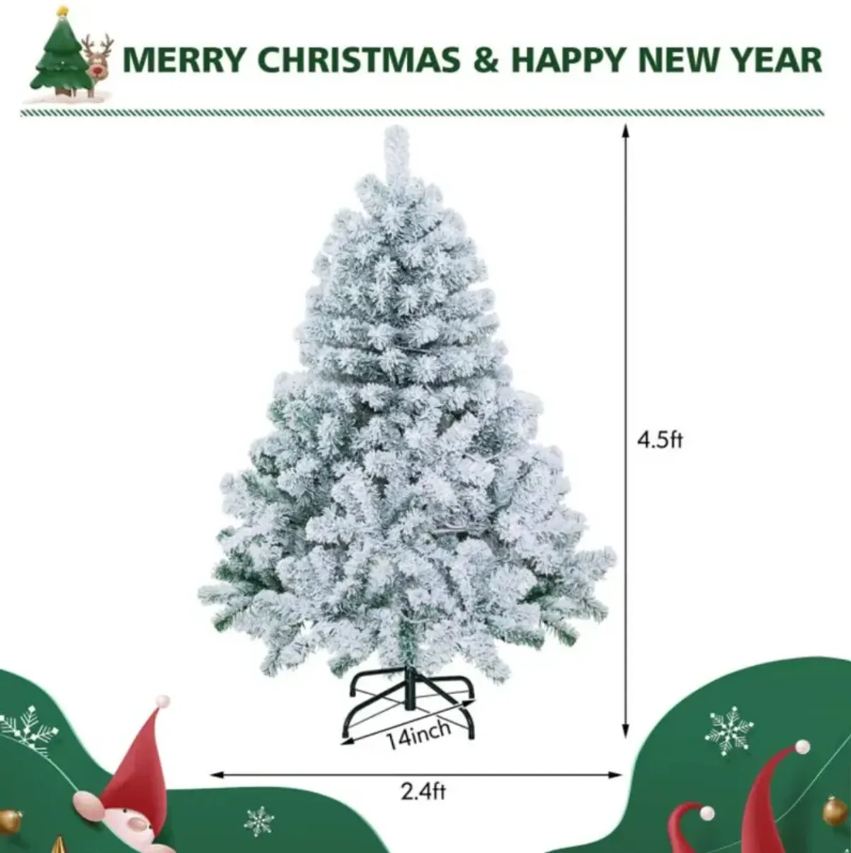 Hivvago 4.5 Feet Pre-Lit Premium Snow Flocked Christmas Tree with 150 Lights