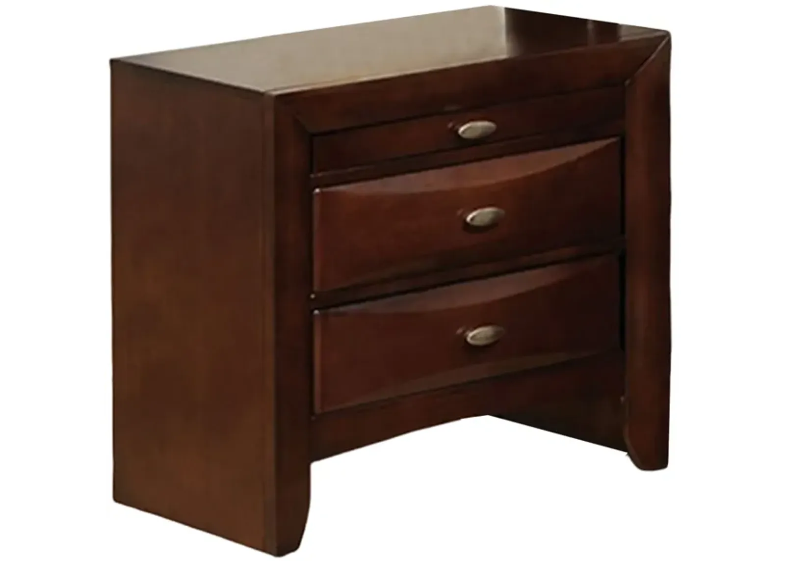 Simo Nightstand, Spacious Top, Nickel, 3 Drawers, Cherry Brown Solid Wood