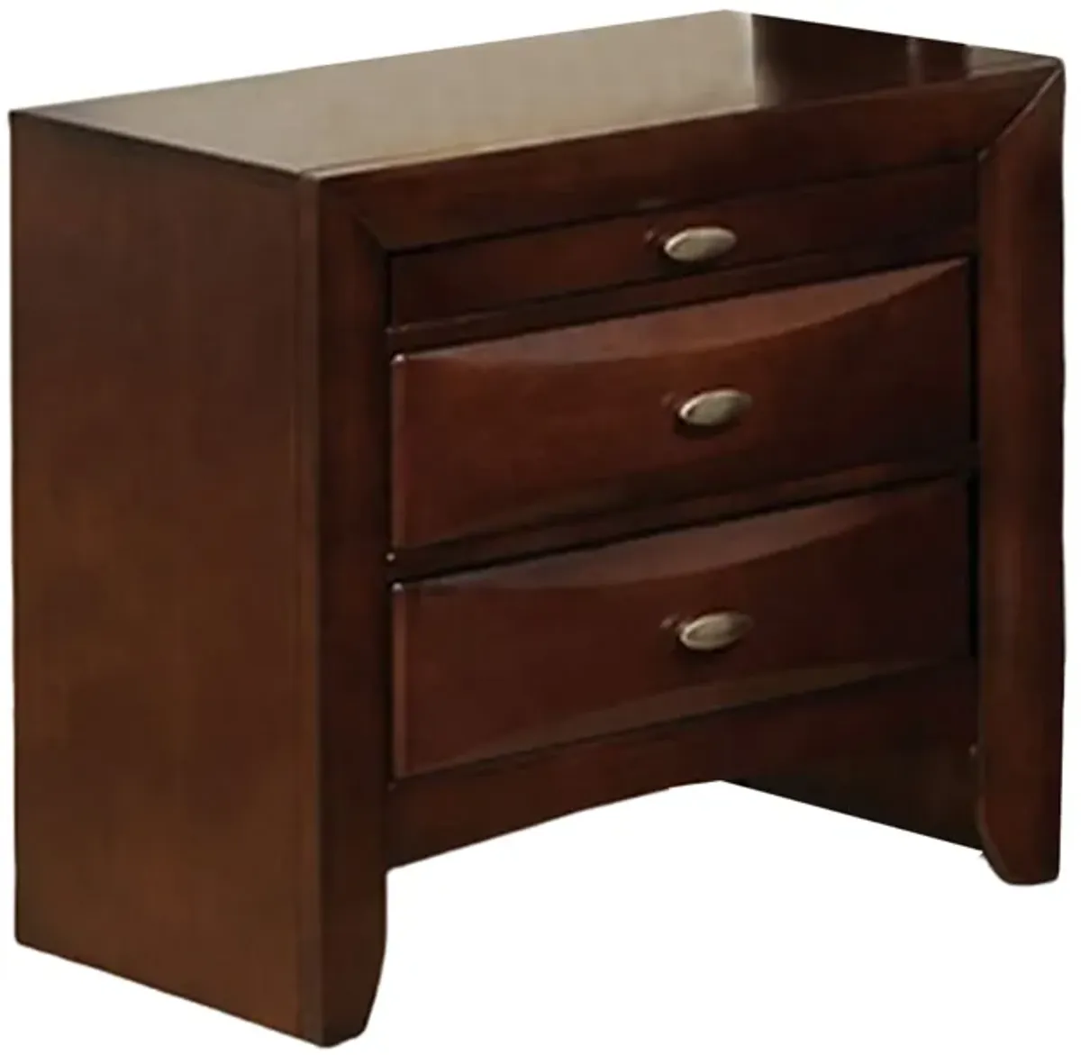 Simo Nightstand, Spacious Top, Nickel, 3 Drawers, Cherry Brown Solid Wood