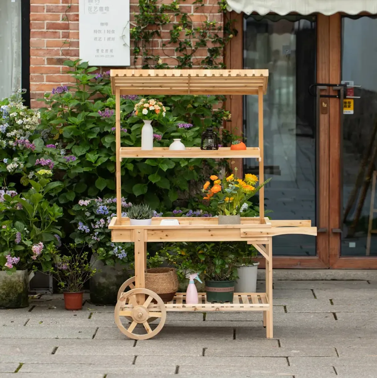 Antique Solid Wood Decor Display Rack Cart Wood Plant Stands with Wheels for Decor Display | 2 Wheeled Wood Wagon with Shelves for Plants and More