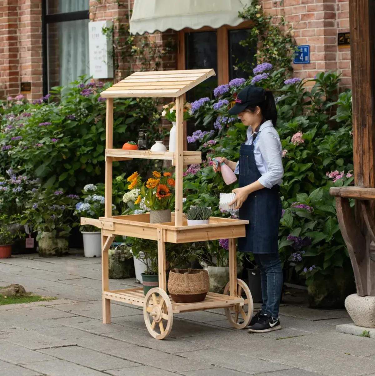 Antique Solid Wood Decor Display Rack Cart Wood Plant Stands with Wheels for Decor Display | 2 Wheeled Wood Wagon with Shelves for Plants and More