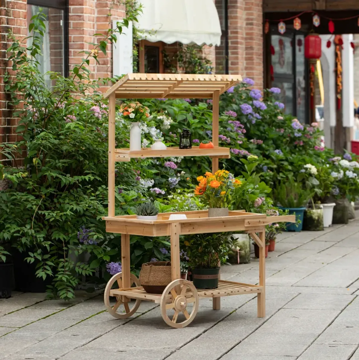 Antique Solid Wood Decor Display Rack Cart Wood Plant Stands with Wheels for Decor Display | 2 Wheeled Wood Wagon with Shelves for Plants and More