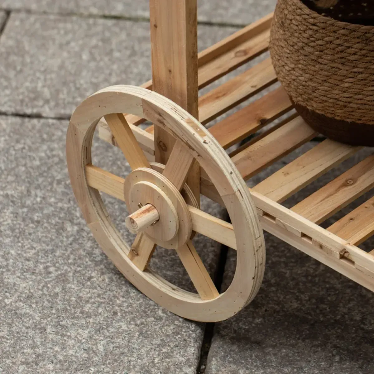 Antique Solid Wood Decor Display Rack Cart Wood Plant Stands with Wheels for Decor Display | 2 Wheeled Wood Wagon with Shelves for Plants and More