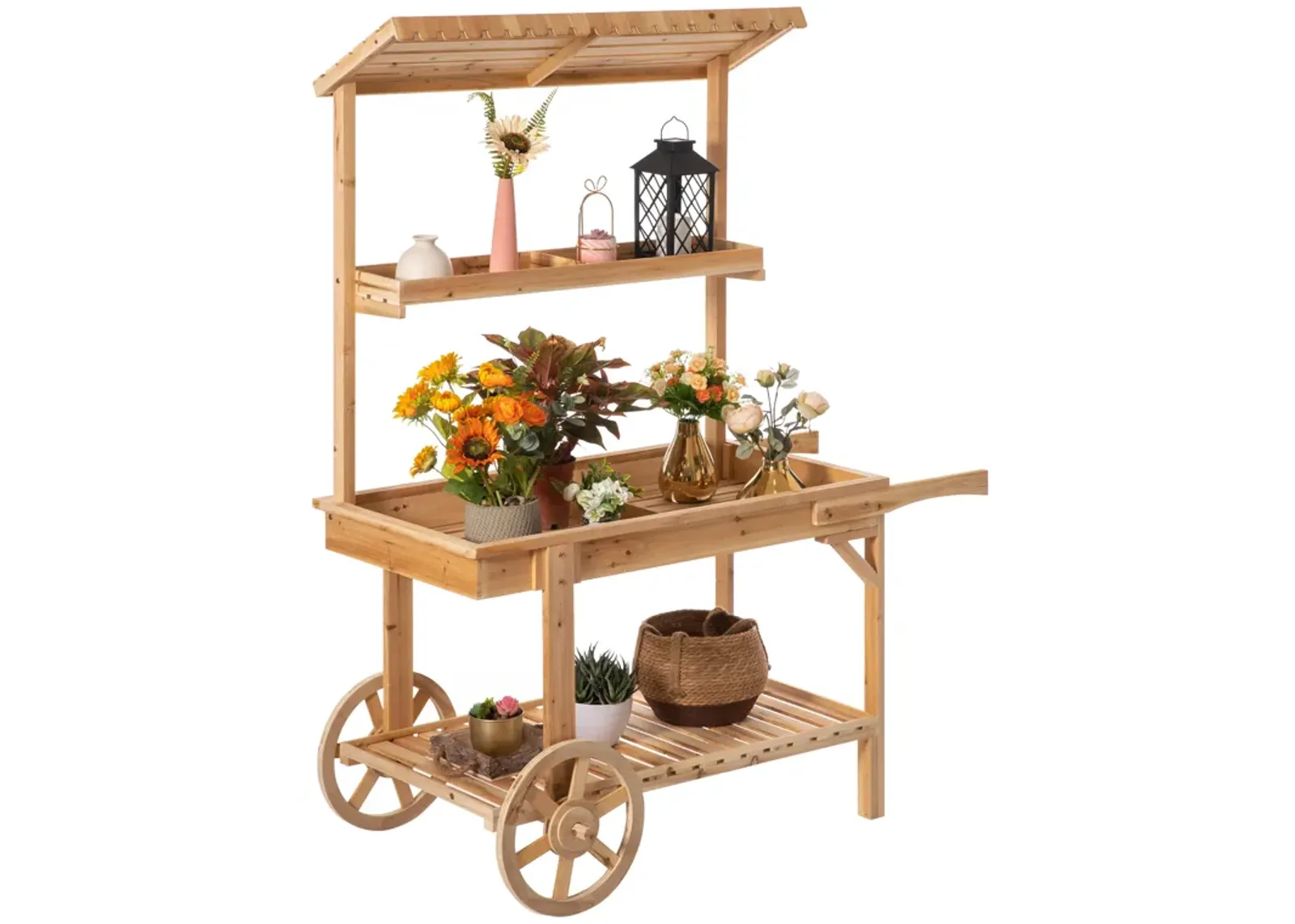 Antique Solid Wood Decor Display Rack Cart Wood Plant Stands with Wheels for Decor Display | 2 Wheeled Wood Wagon with Shelves for Plants and More