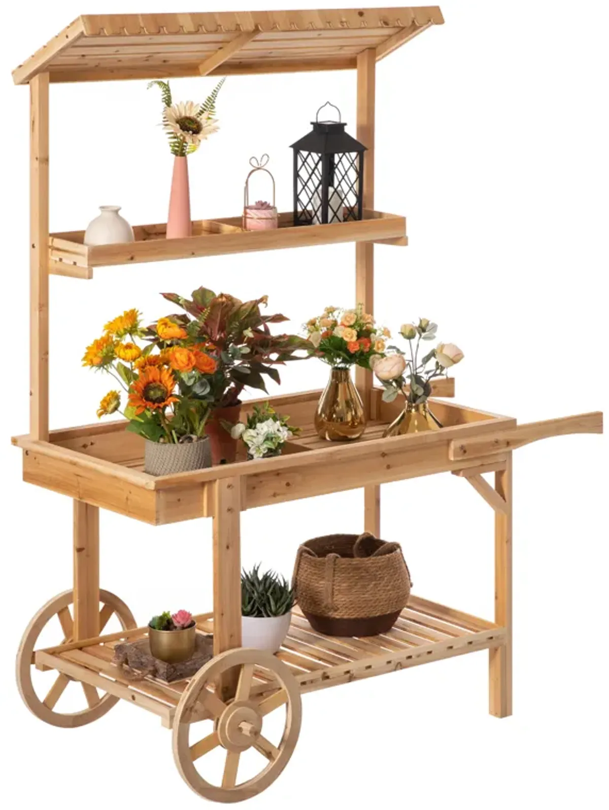 Antique Solid Wood Decor Display Rack Cart Wood Plant Stands with Wheels for Decor Display | 2 Wheeled Wood Wagon with Shelves for Plants and More