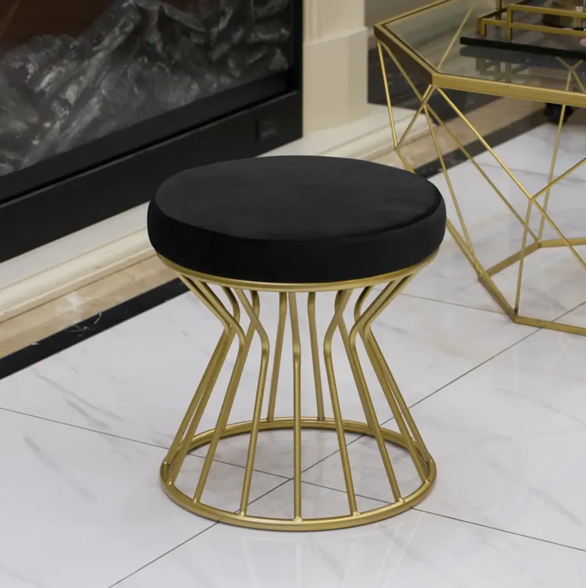 Modern Round Velvet Stool with Bent Gold Metal Base Standard Ottoman, Grey