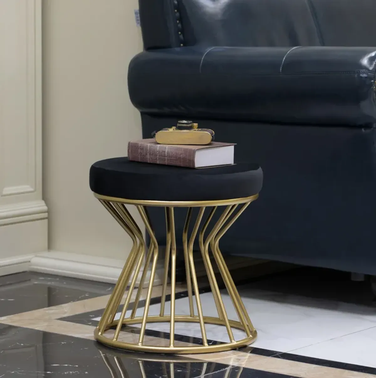 Modern Round Velvet Stool with Bent Gold Metal Base Standard Ottoman, Grey