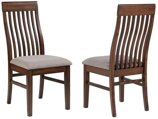 Brar Dining Chair Set of 2, Light Brown Fabric, Slat Back, Brown Hardwood - Benzara