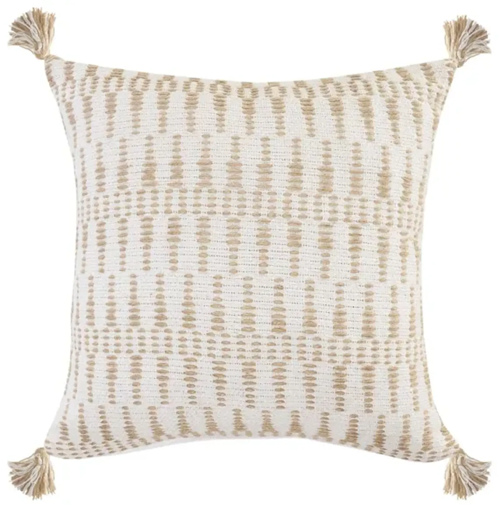 20" Ivory and Tan Geometric Tassel Square Throw Pillow